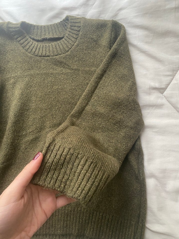 haki Örgü Kadın Yün Kazak - Görsel 2