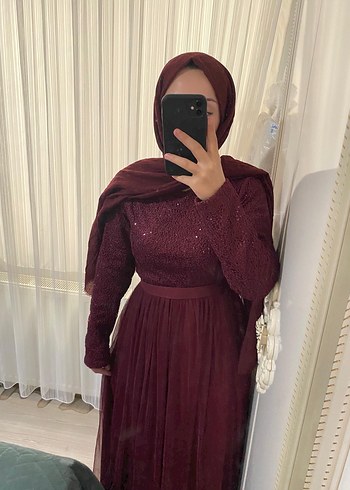 Bordo Uzun Kollu Drapeli Abiye Elbise
