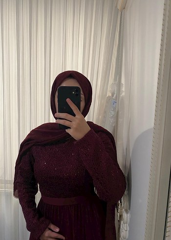40 Beden Bordo Uzun Kollu Drapeli Abiye Elbise