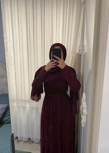 Abiye Bordo Uzun Kollu Drapeli Abiye Elbise
