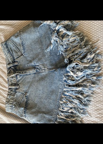 s Beden mavi Renk Püsküllü Bohem Gri Mavi Mini Denim Şort