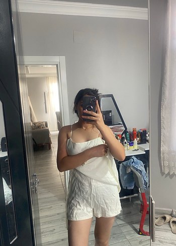 s Beden Beyaz İnce Askılı Mini tulum Elbise