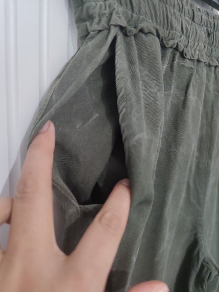 Haki Yeşili Bol Kesim Keten Kadın Pantolon M beden - Görsel 2