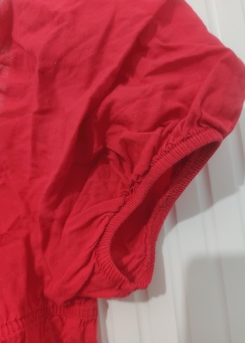 Kırmızı Kısa Kollu Fırfırlı Keten Bluz - Görsel 2
