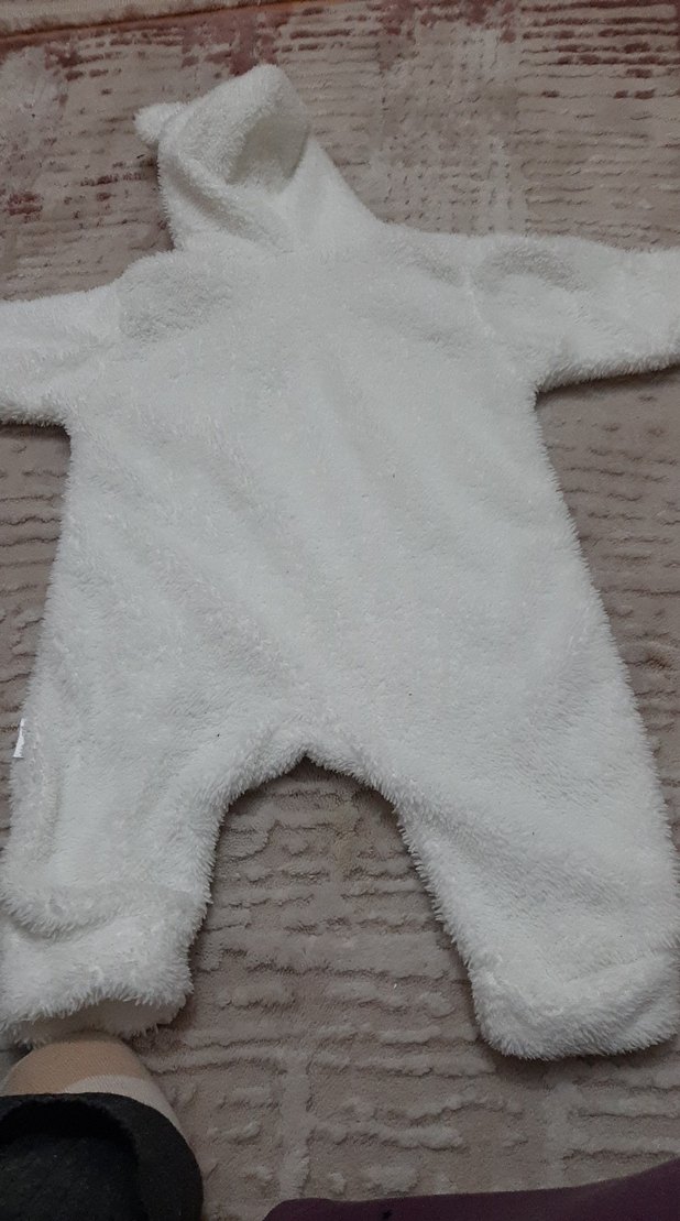 Kapüşonlu Beyaz Peluş Bebek Tulumu - Görsel 4