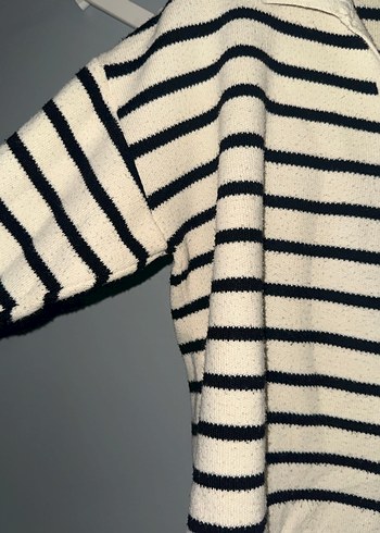 Çizgili Yakalı Örgü Kadın Kazak - Görsel 4