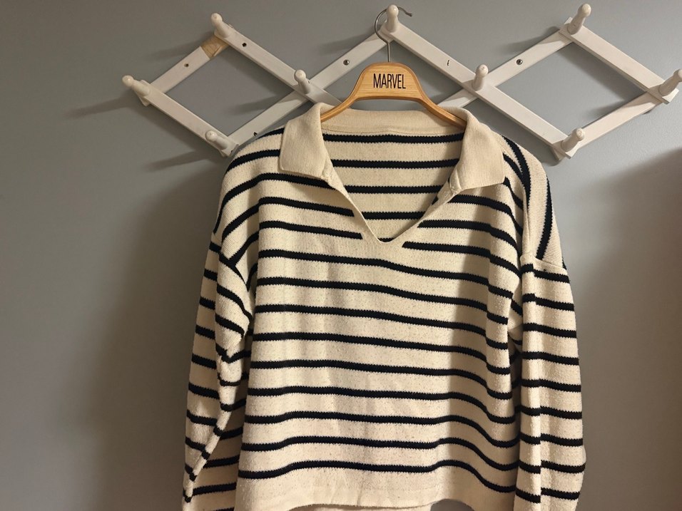 Çizgili Yakalı Örgü Kadın Kazak - Görsel 2