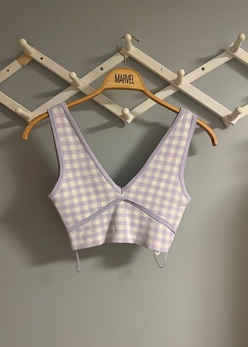 Mor Ekose Desenli V Yaka Crop Top - Görsel 2