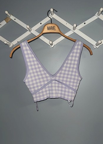 Mor Ekose Desenli V Yaka Crop Top - Görsel 4