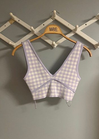 Mor Ekose Desenli V Yaka Crop Top - Görsel 3