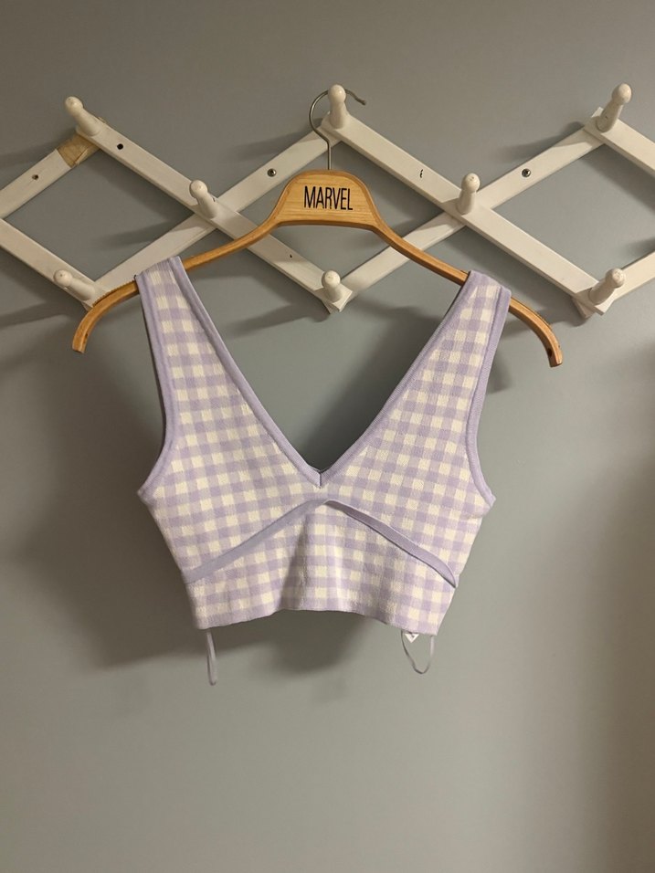 Mor Ekose Desenli V Yaka Crop Top - Görsel 2