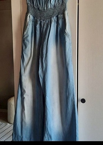 Diğer Mavi Straplez Denim Tulum