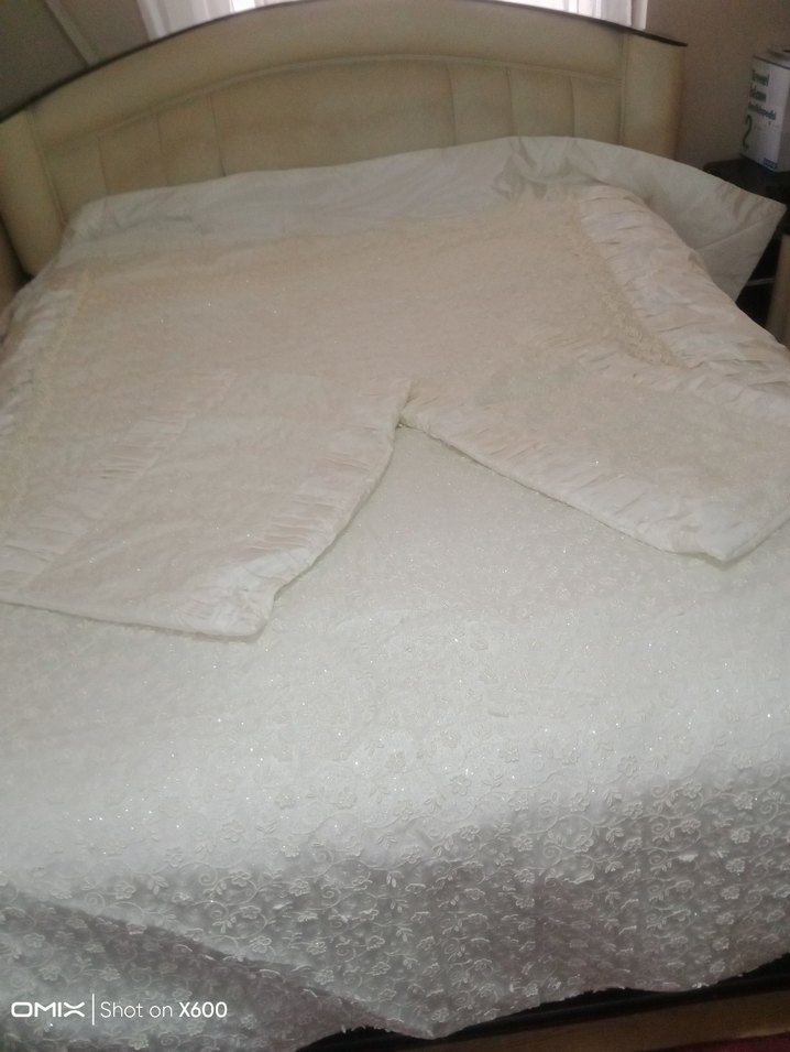 İşlemeli Beyaz  ekru Parlak Yatak Örtüsü - Görsel 3