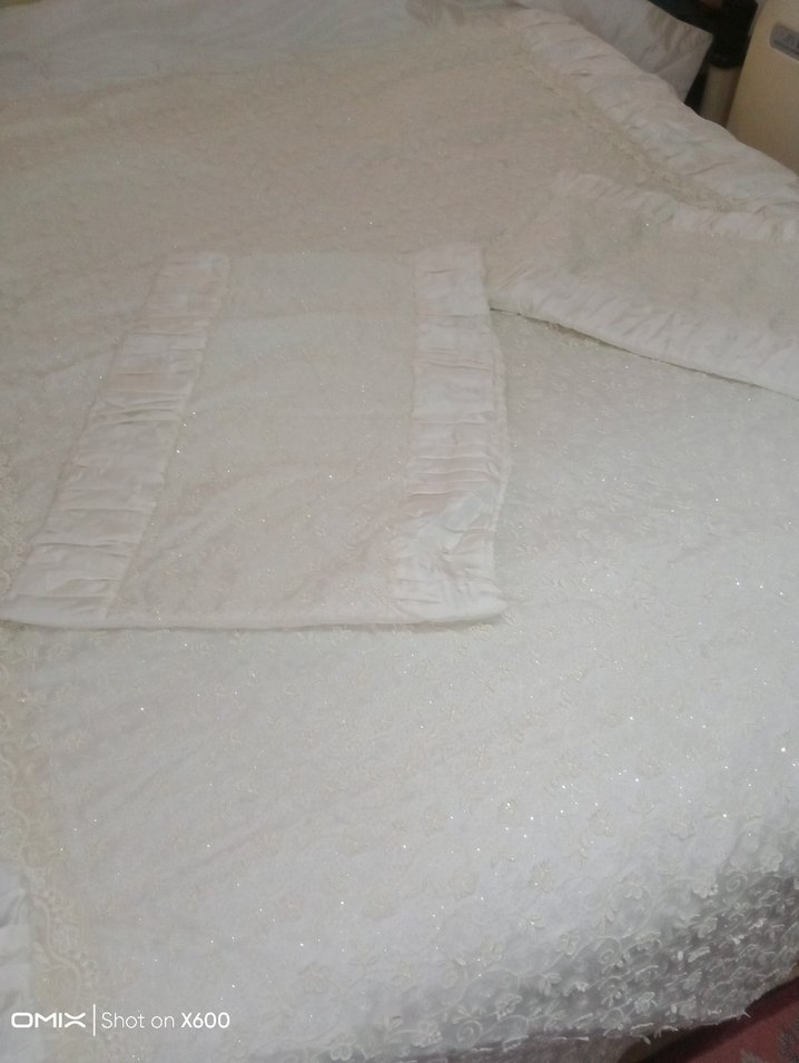 İşlemeli Beyaz  ekru Parlak Yatak Örtüsü - Görsel 2