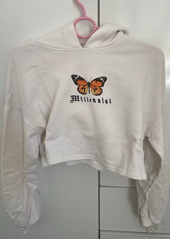 Bershka Kadın Beyaz Kapüşonlu Baskılı Sweatshirt