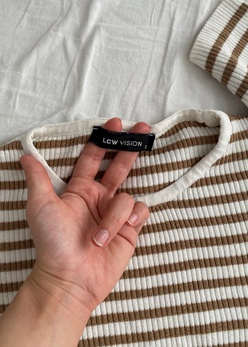 s Beden beyaz Renk Bej Çizgili İnce Triko Kadın Kazak