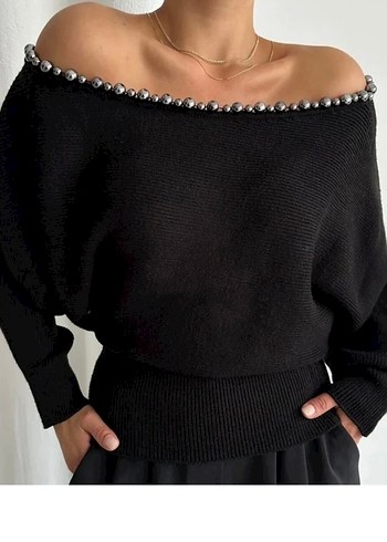 Boncuk Detaylı Siyah Triko Kadın Kazak - Görsel 4