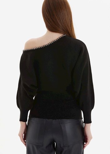 Boncuk Detaylı Siyah Triko Kadın Kazak - Görsel 2