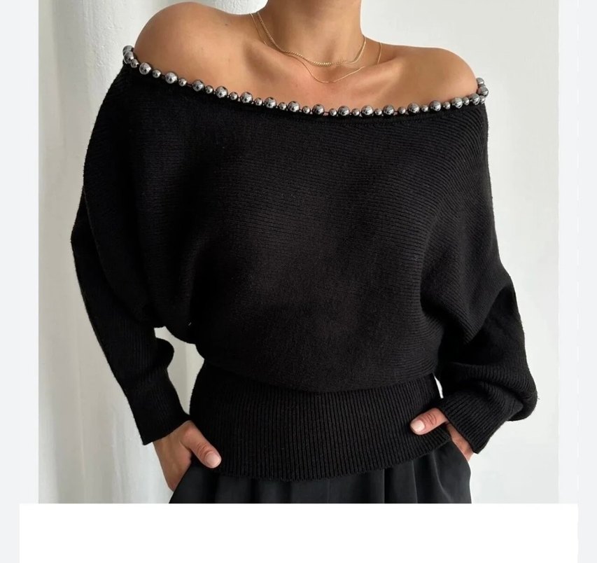 Boncuk Detaylı Siyah Triko Kadın Kazak - Görsel 4