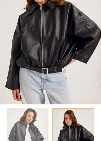 Kadın Siyah Deri Kemerli Ceket - Görsel 2