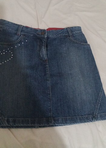 Düğmeli Parlak Mavi Denim Mini Etek
