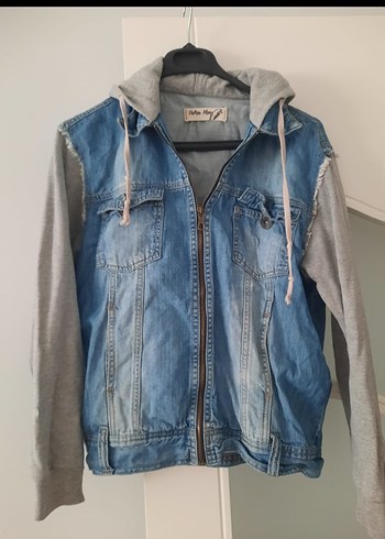 Kapüşonlu Gri Kolları Sweatshirt Kadın Kot Ceket