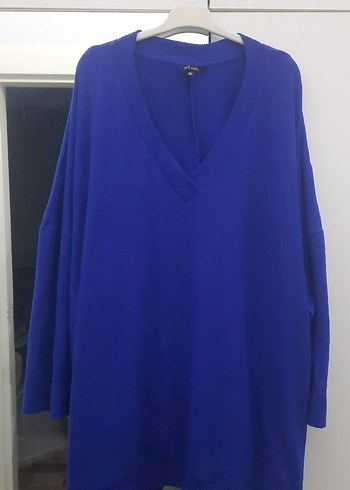 Kadın Mavi V Yaka Örgü Salaş Kazak - Görsel 2