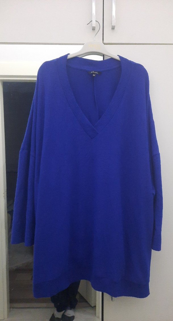 Kadın Mavi V Yaka Örgü Salaş Kazak - Görsel 2