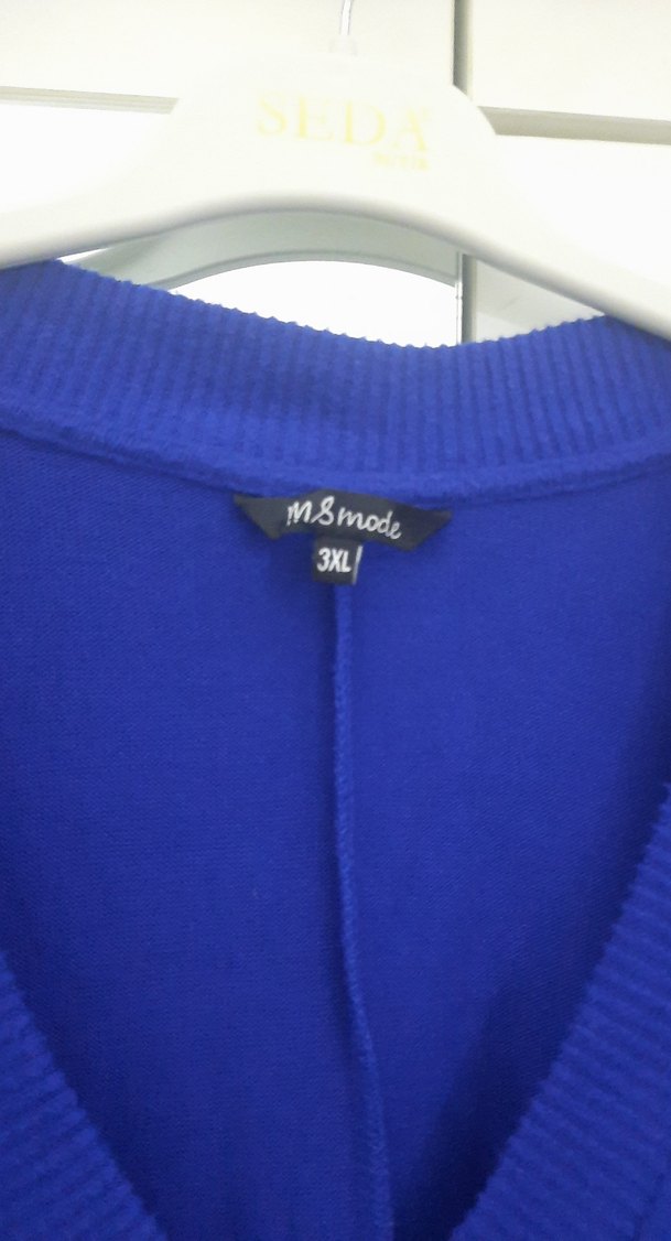 Kadın Mavi V Yaka Örgü Salaş Kazak - Görsel 5