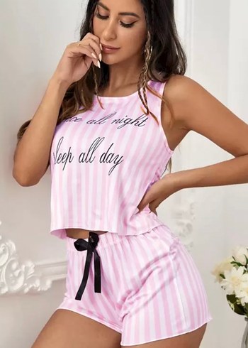 Pembe Çizgili Kolsuz Mini Kadın Pijama Takımı