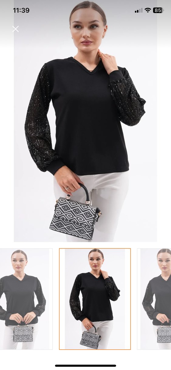 Siyah Payetli V Yaka Kadın Bluz - Görsel 5