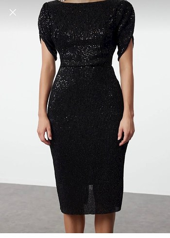 Parlak Siyah Midi Elbise - Görsel 3