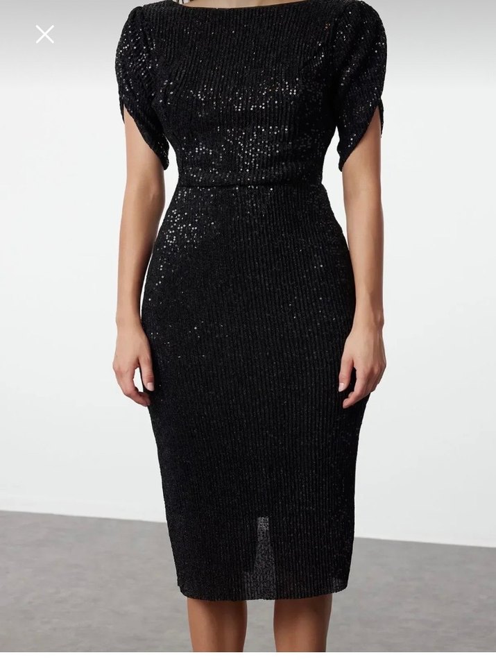 Parlak Siyah Midi Elbise - Görsel 3