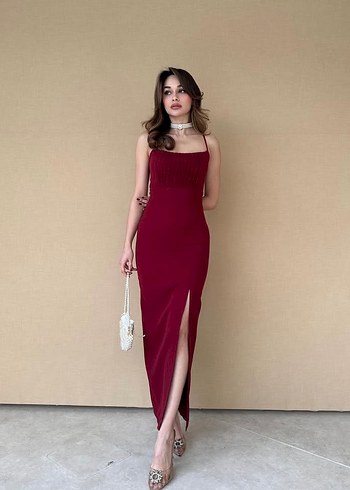 l Beden bordo Renk Bordo Drapeli Uzun Askılı Kalem Elbise