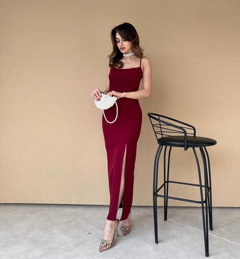 Bordo Drapeli Uzun Askılı Kalem Elbise - Görsel 4