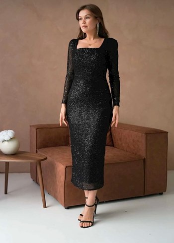 Siyah Simli Uzun Kollu Abiye Elbise - Görsel 6