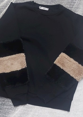 Mango Siyah Kadın Uzun Kollu Peluş Detaylı Sweatshirt