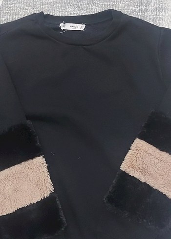 s Beden Kızlar için Siyah Uzun Kollu Kürklü Sweatshirt