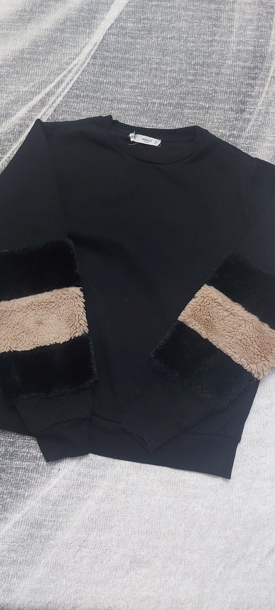 Kızlar için Siyah Uzun Kollu Kürklü Sweatshirt - Görsel 2