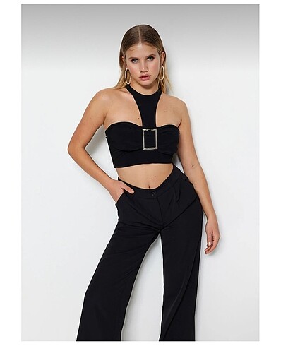 xs Beden Siyah crop aksesuarlı örme büstiyer