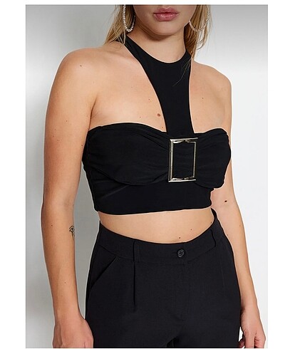 xs Beden siyah Renk Siyah crop aksesuarlı örme büstiyer