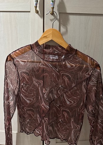 Kadın bordo desenli transparan bluz - Görsel 5