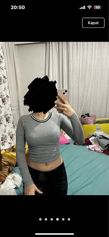 s Beden gri Renk gri bluz üst crop dar vücuda oturan bisiklet yaka uzun kollu