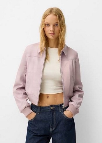 bershka pembe deri ceket Bej Süet Mini Ceket Yüksek Yakalı - Görsel 2