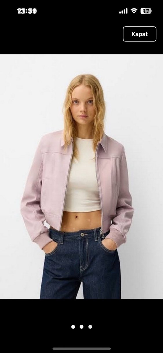 bershka pembe deri ceket Bej Süet Mini Ceket Yüksek Yakalı - Görsel 2