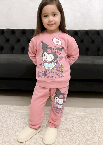 Kız Çocuk Pembe Koromi Desenli Sweatshirt Takımı