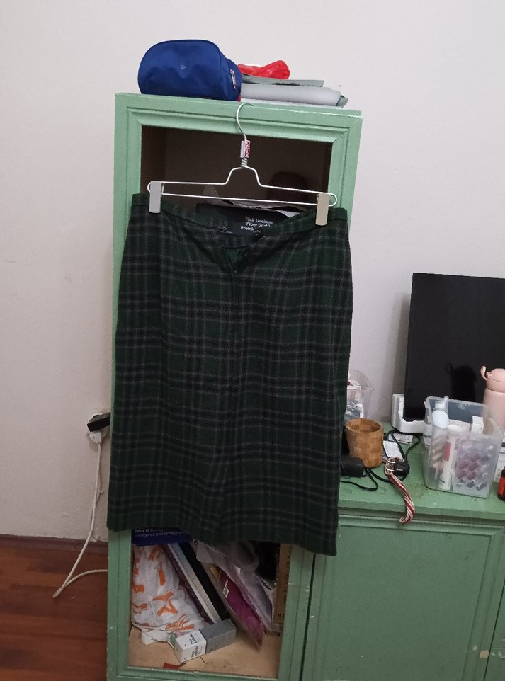 Kemerli Yeşil gül kurusu Ekose Midi Etek - Görsel 2