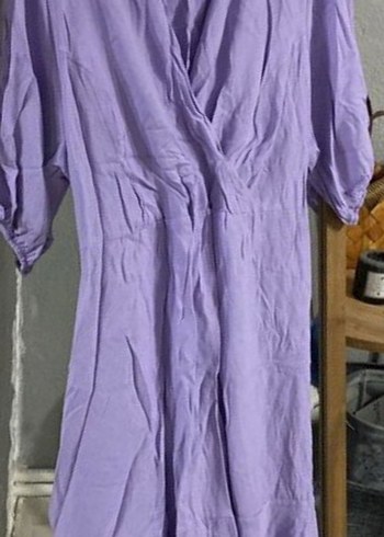 Lila V Yakalı Uzun Keten Elbise - Görsel 2