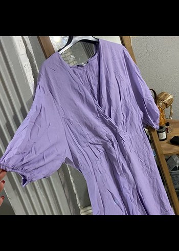 Lila V Yakalı Uzun Keten Elbise - Görsel 3