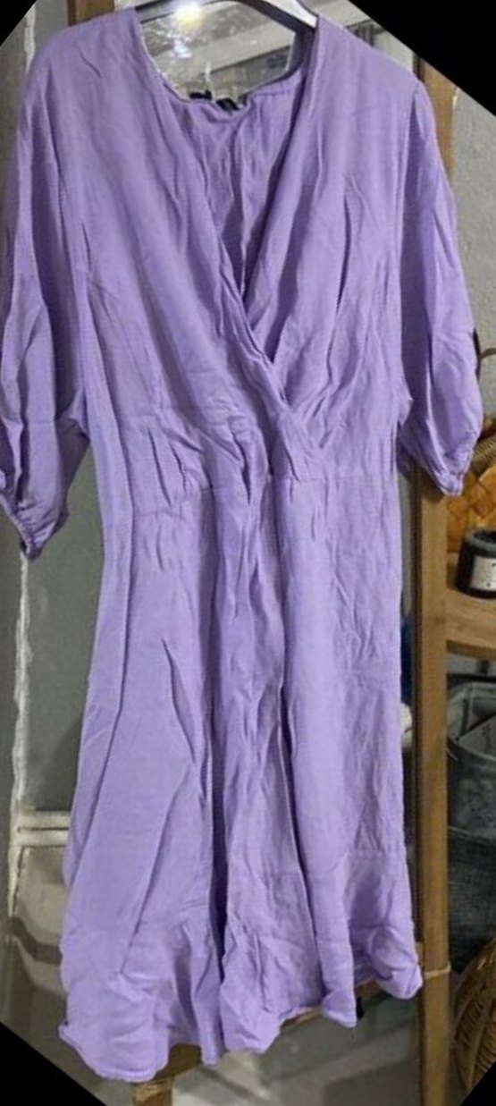 Lila V Yakalı Uzun Keten Elbise - Görsel 2